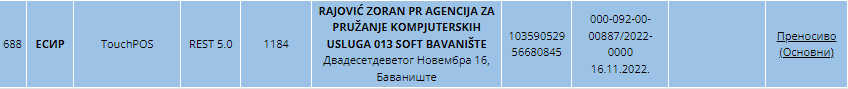 Upis 013 SOFT u registru odobrenih elemenata — red 4